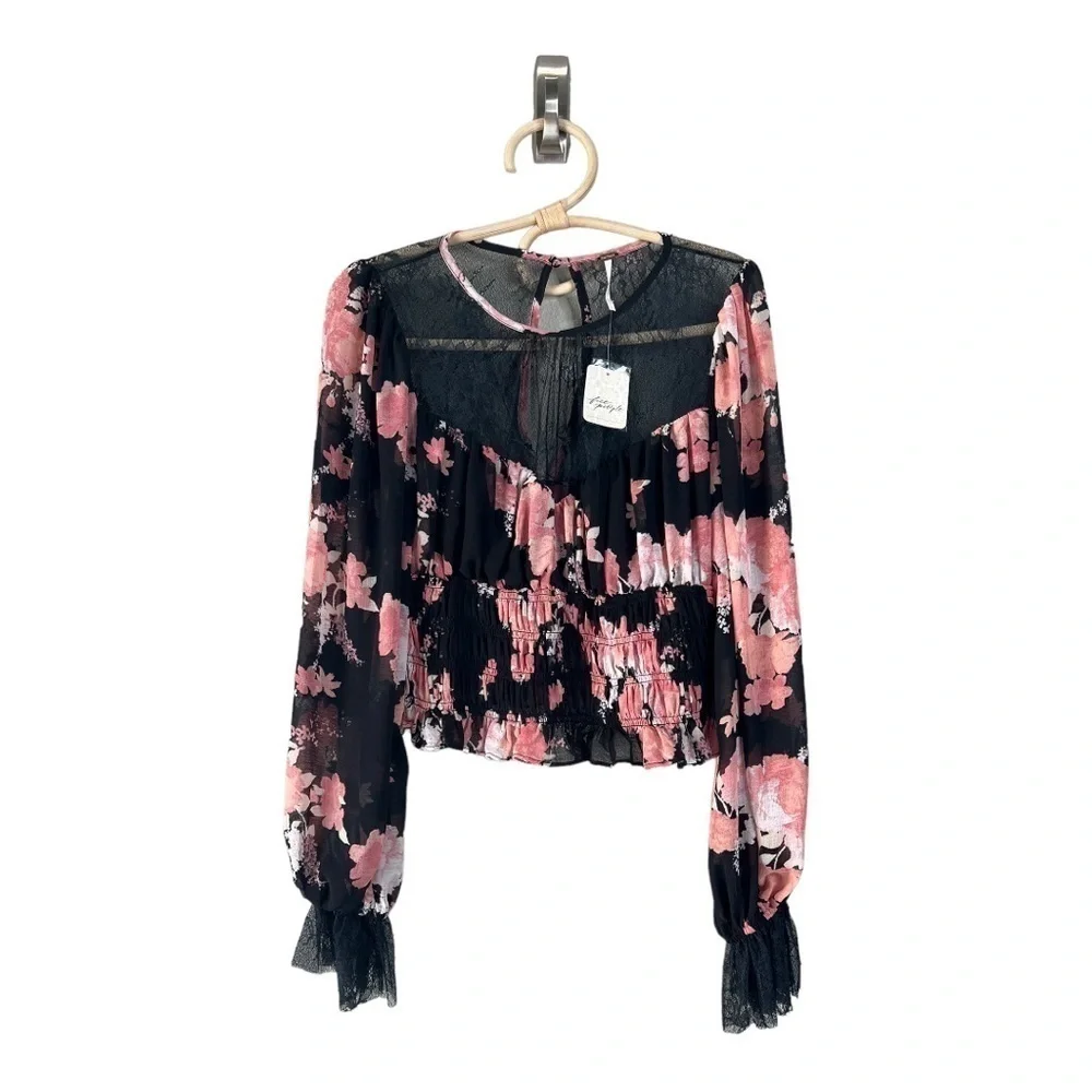 Free People Daphne Black Pink Lace Bell Sleeve Smocked Crop Whimsigoth NEW